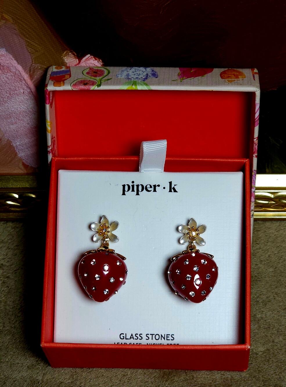 Piper K Strawberry Rhinestone Drop Earrings Floral Gold Tone Gift Box